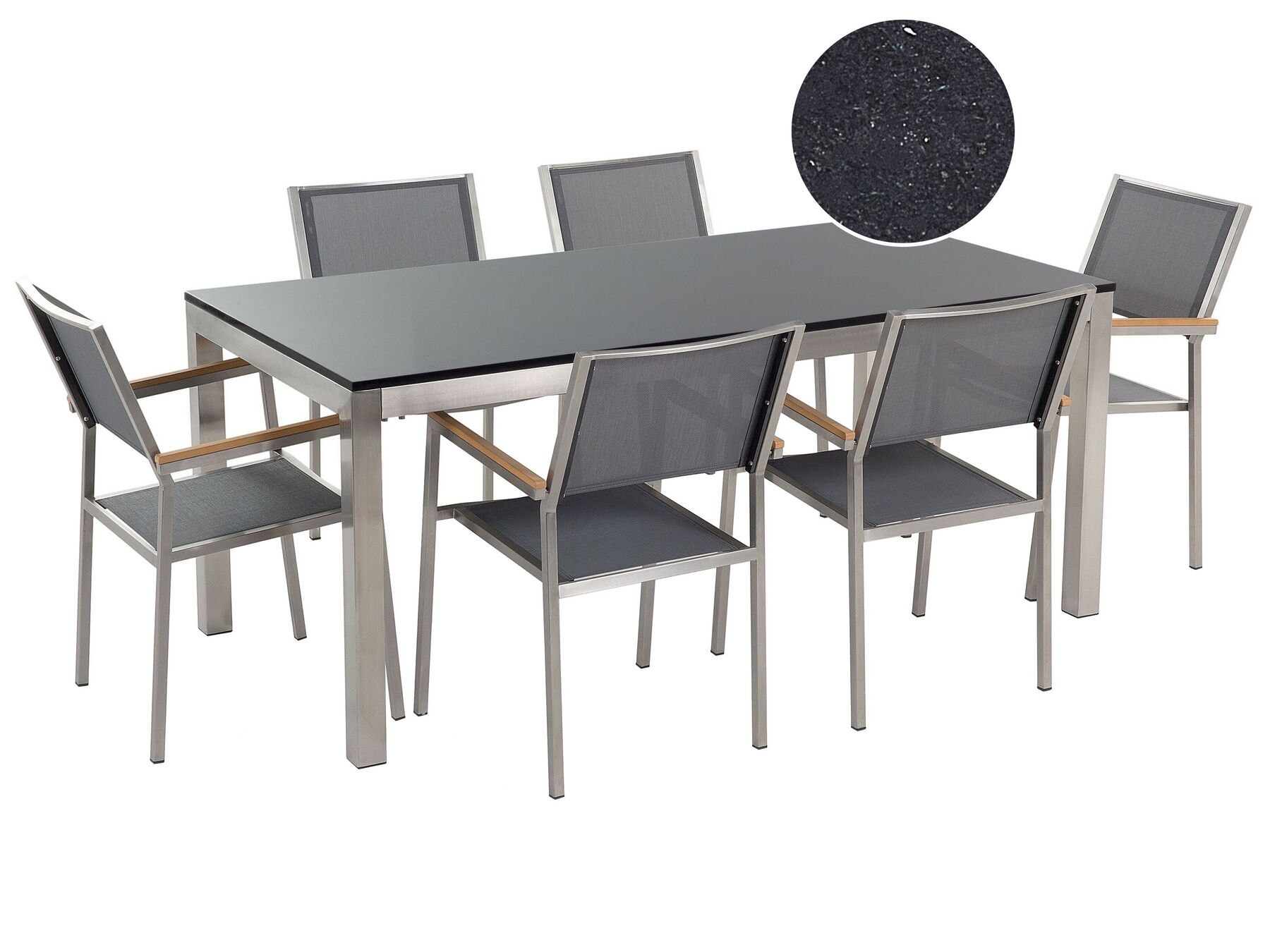 Hatszemélyes fekete gránit étkezőasztal szürke textilén székekkel GROSSETO_431600