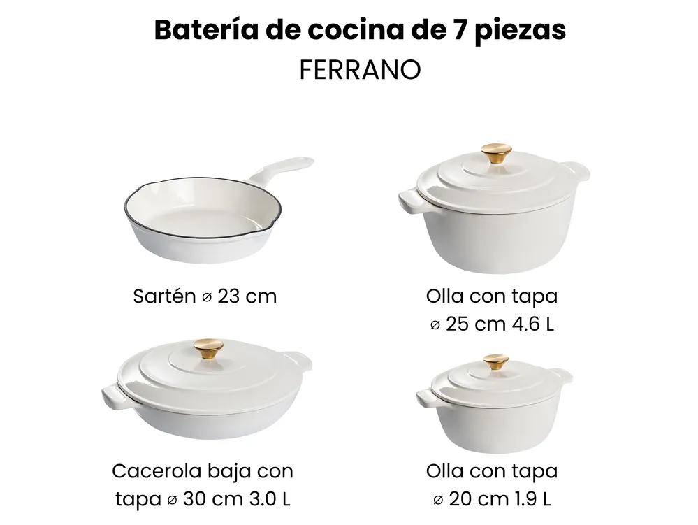 Batería de cocina de 7 piezas de hierro fundido FERRANO Blanco crema_1073582