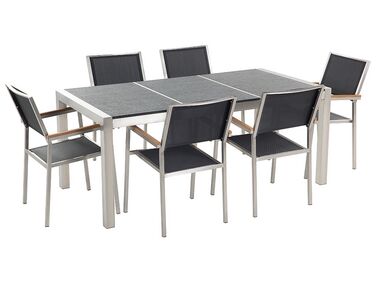 Conjunto de jardín mesa con tablero de piedra natural curtida negra 180 cm, 6 sillas en tela GROSSETO 