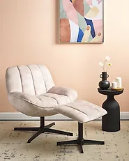 Swivel Armchair LIA with Footstool Velvet Beige_1183887