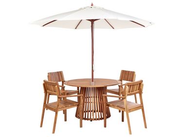 Zestaw ogrodowy drewniany stół i 4 krzesła AGELLO z parasolem (12 opcji do wyboru)