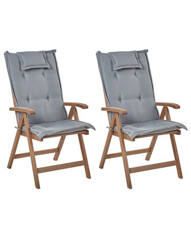 Conjunto de 2 sillas de jardín de madera de acacia con cojines grises AMANTEA