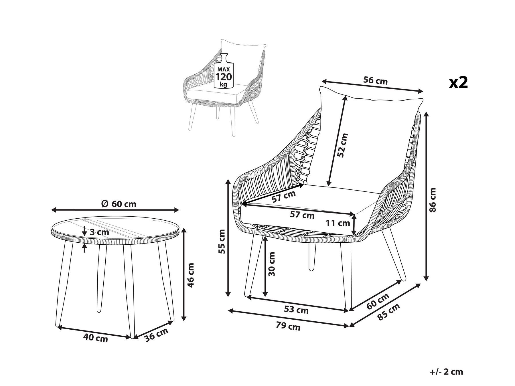 Bistro Set with Cushions LAURETO PE Rattan Natural_812211