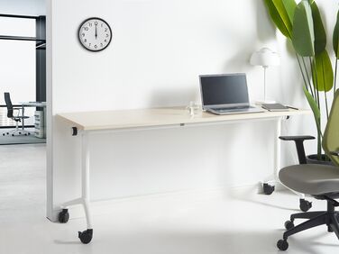 Folding Office Desk with Casters 180 x 60 cm Light Wood and White CAVI