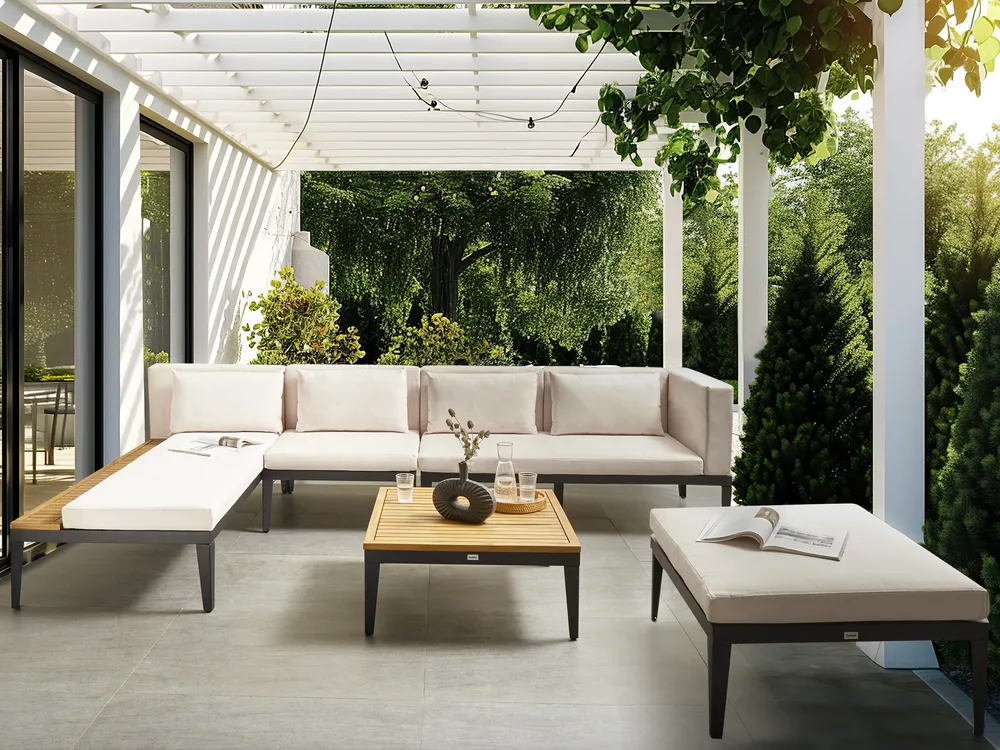 Garden Lounge Set with Table and Ottoman 4 Seater BRACCIANO Certified Acacia Wood Light Beige Right Hand_979268