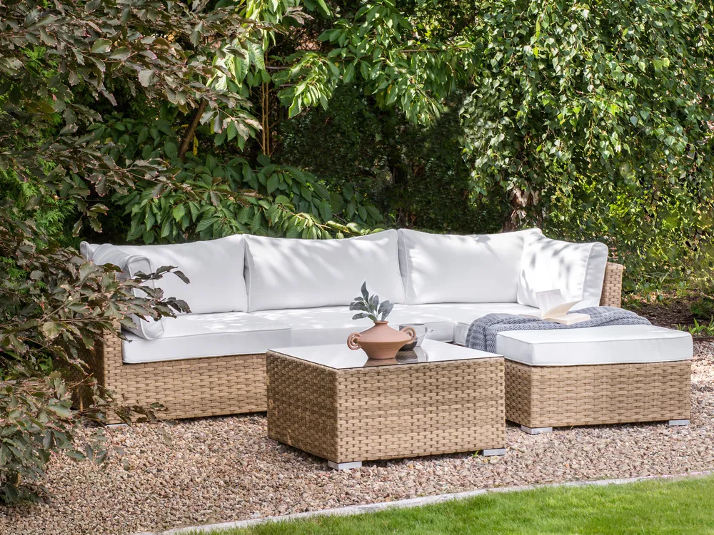 Tidyard Set Divani Modulari Da Giardino In Bambù 4/5 Pezzi Con Penisola E Tavolo - Cuscini Sfoderabili Bianco Crema