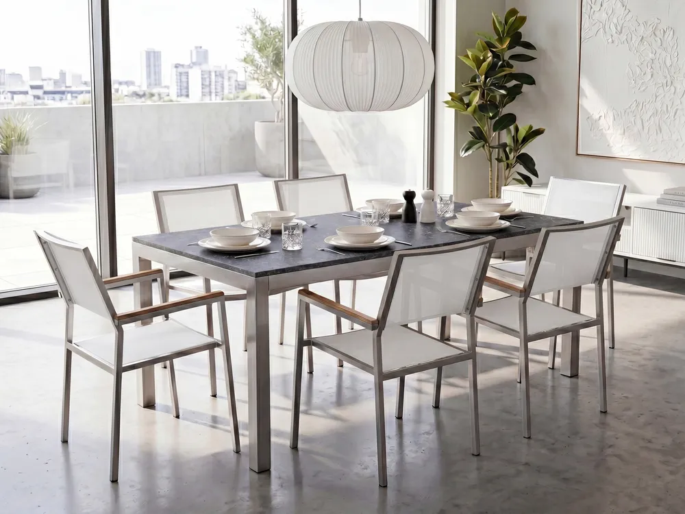 Garden Dining Set 6 Seater GROSSETO Granite Polished Grey/ White_1105597
