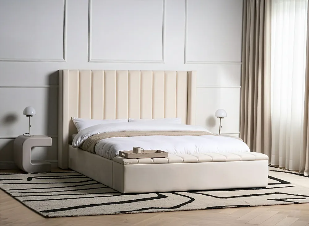 Bed with Storage Bench NOYERS Velvet Off-White 160 x 200 cm (EU King Size)_1174448