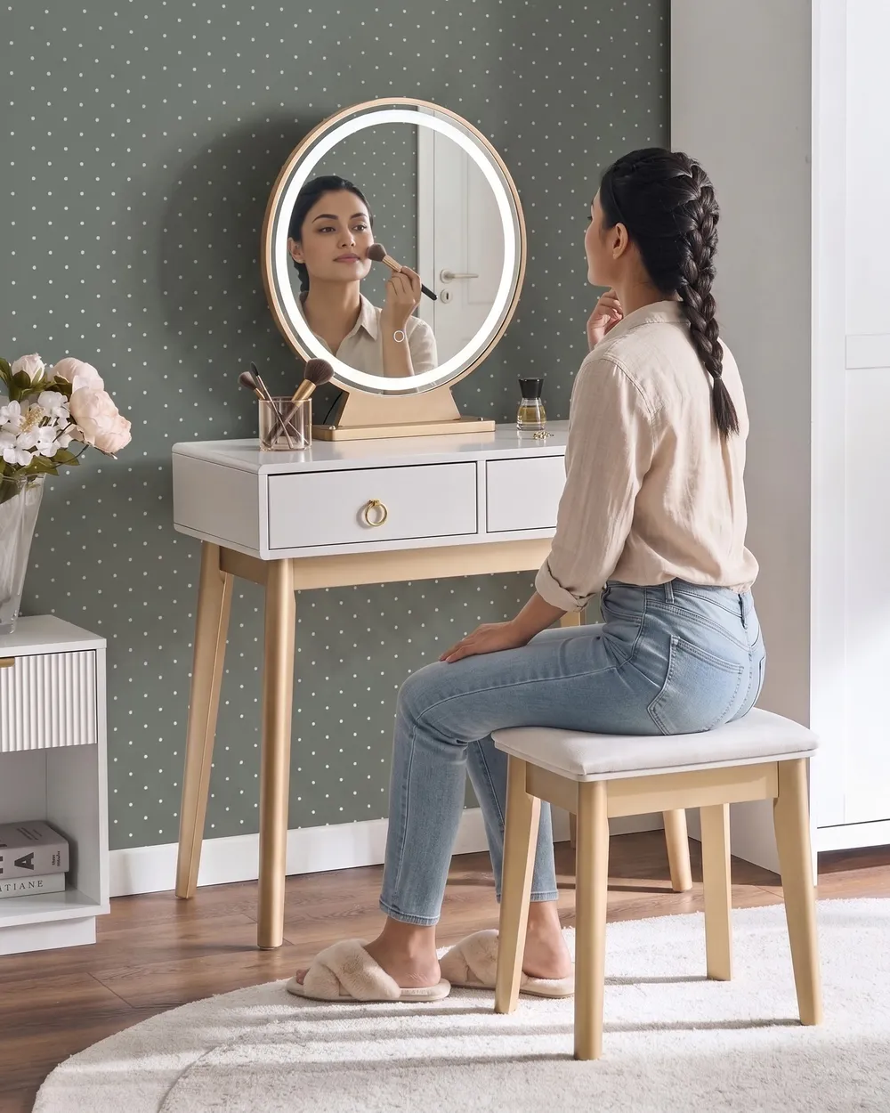 Dressing Table with Mirror and Stool FEDRY LED Grey_1107849