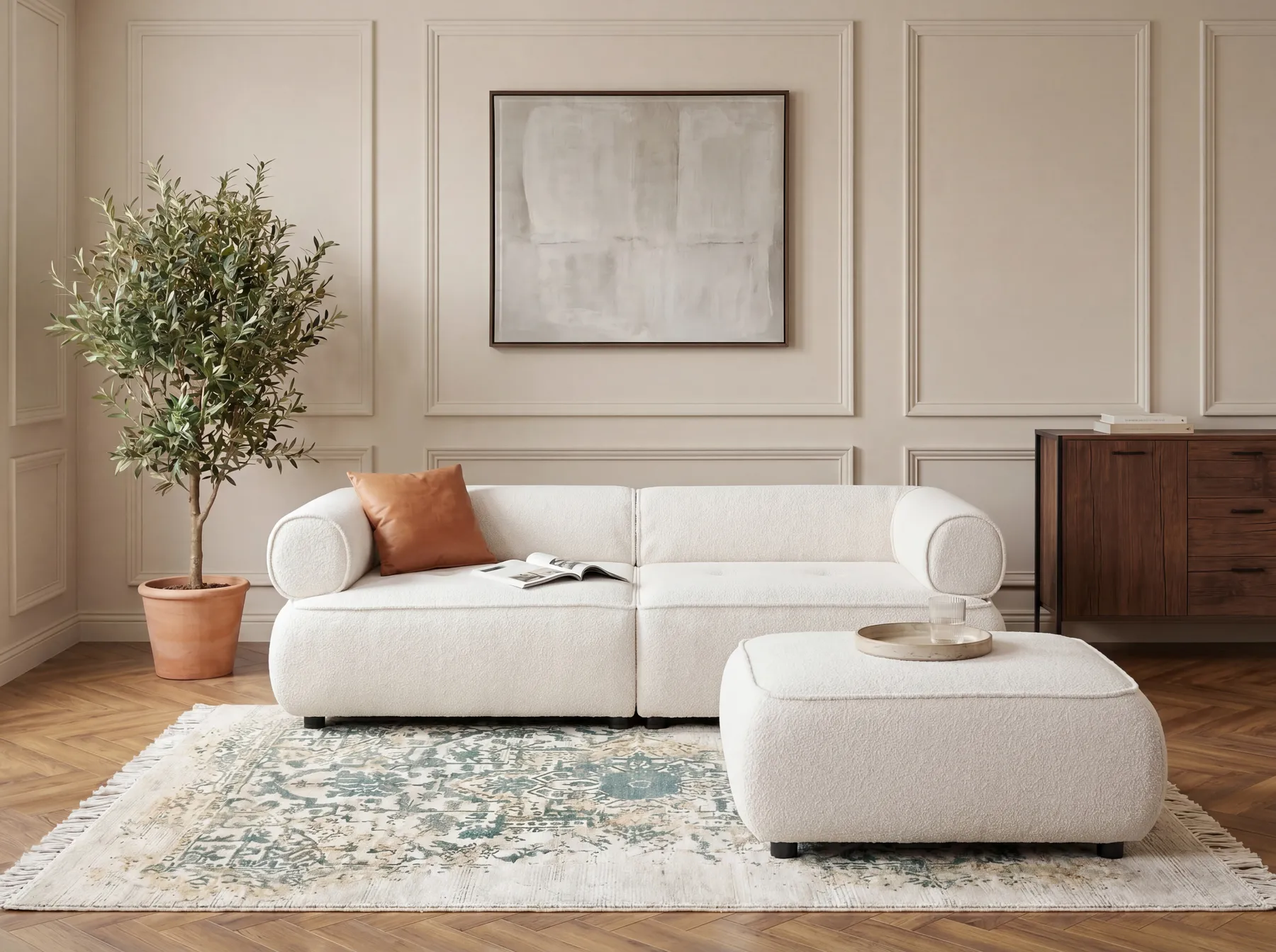 Sofa 3 Seater SALLA with Ottoman Boucle Off-White_1058222