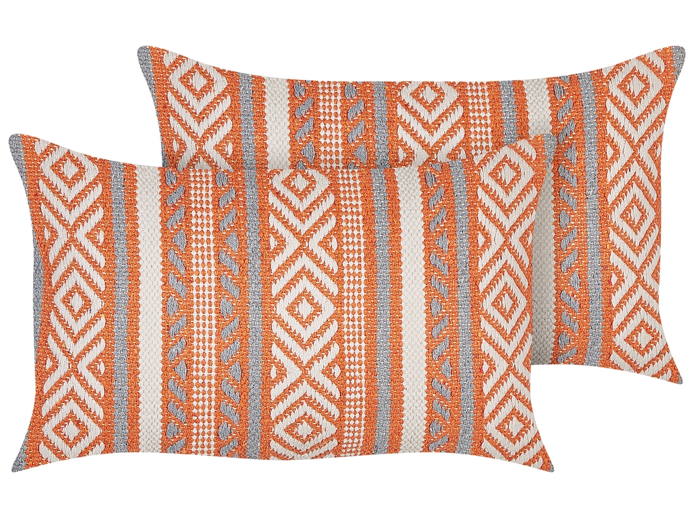 Set of 2 Cotton Cushions Geometric Pattern Orange and White 30 x 50 cm INULA Beliani