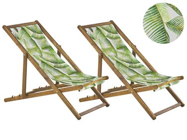 Set med 2 hopfällbara solstolar i akaciaträ och 2 ersättningstyger ljust trä/off-white/grön palmbladsmönster ANZIO