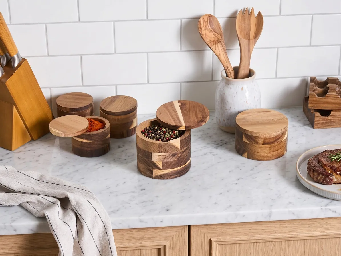 5 Piece Spice Box Set PATISSERIE Acacia Wood Brown_1074657
