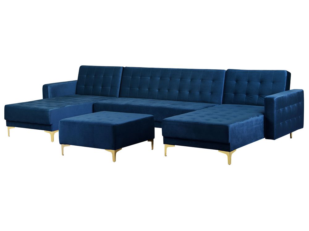 5 Seater U Shaped Modular Velvet Sofa with Ottoman Navy Blue ABERDEEN Beliani