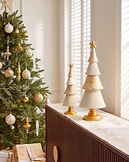 Set di 2 decorazioni natalizie ASPO 32/41 cm Albero di Natale Bianco sporco / Oro_1175712