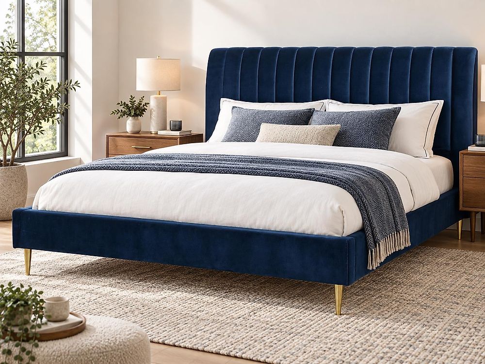 Lit avec sommier Velours MARVILLE 180 x 200 cm Bleu marine