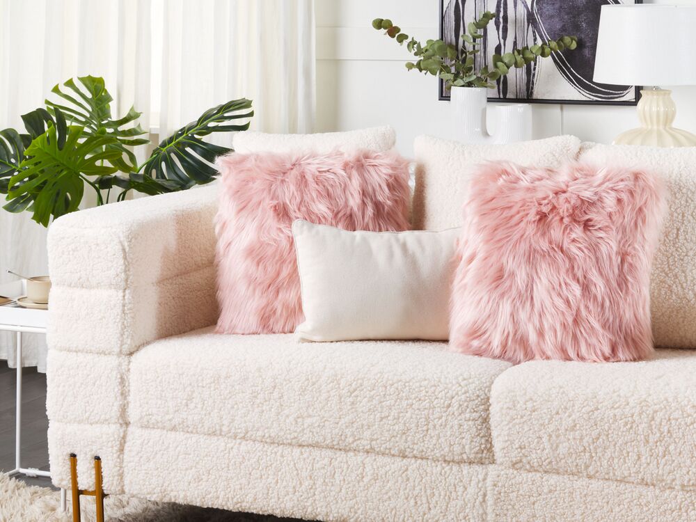 Set of 2 Faux Fur Cushions 42 x 42 cm Pink LUBHA Beliani