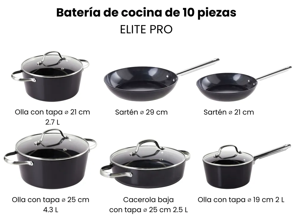 Batería de cocina de 10 piezas ELITE PRO Negro_992883
