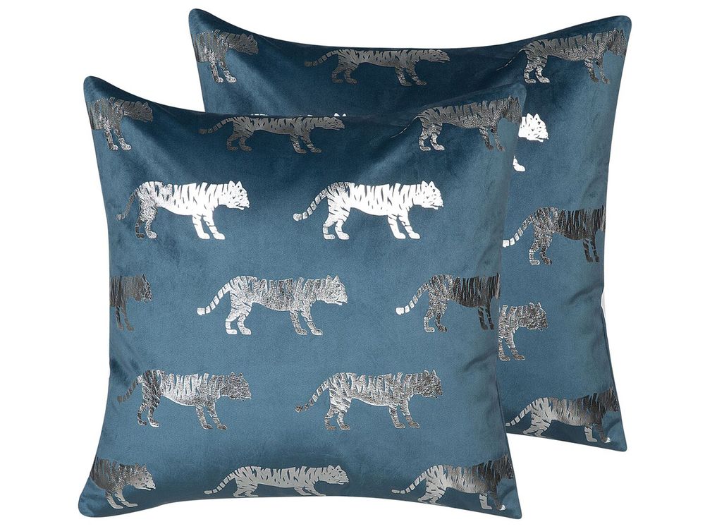 Set of 2 Decorative Cushions BLUEBELL 45 x 45 cm Velvet Blue Animal Pattern