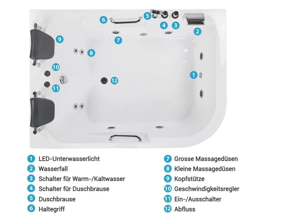 Whirlpool Badewanne Eckmodell mit LED BAYAMO 170 x 120 cm Weiss rechtsseitig_821993