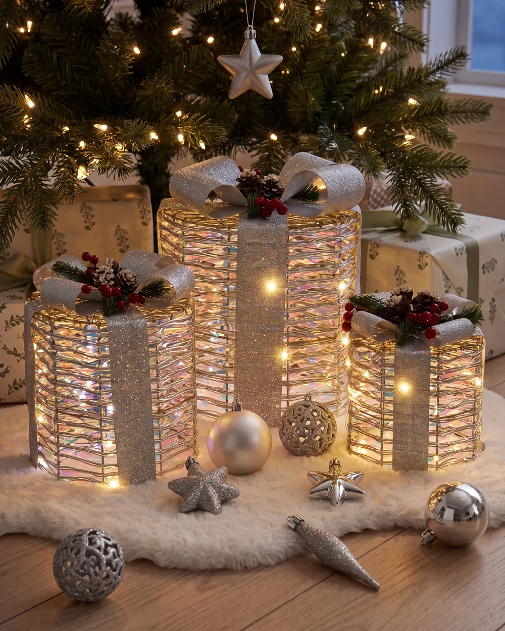 Set of 3 Christmas Decorations LED JULSO 20/25/30 cm Christmas Gifts Silver