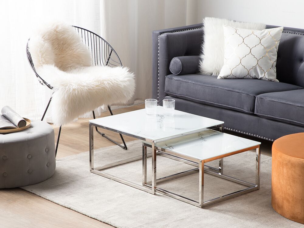 Set of 2 Coffee Tables BREA Tempered Glass White Marble