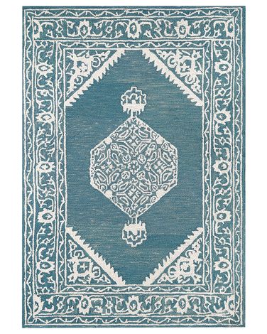 Tapis Rayé Blanc Et Bleu à Poils Longs - 160 X 230 Cm, Polypropylène, 2500 G/m² - Pour Salon, Chambre, Compatible Chauffage Au Sol