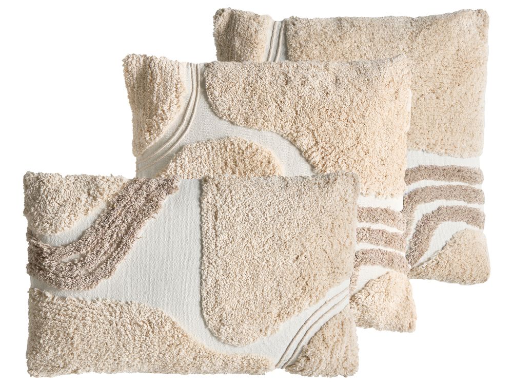 Sæt med 3 dekorative puder ALSTONIA 30 x 50 cm 45 x 45 cm Bomuld Beige Abstraktmønster