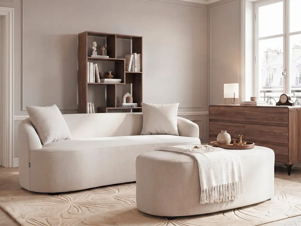 Sofa AMAL mit Ottomane Stoff Hellbeige