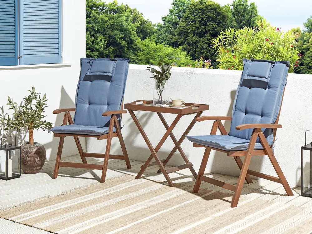Bistro Set with Cushions Folding AMANTEA Acacia Wood Blue