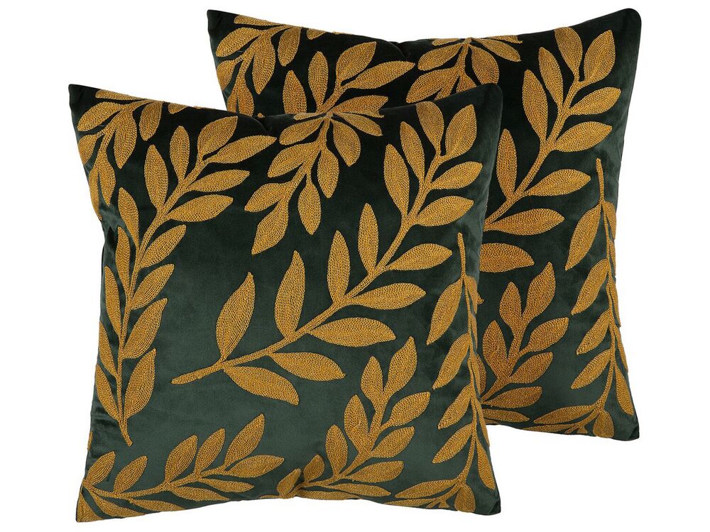 Set of 2 Velvet Cushions Leaf Pattern 45 x 45 cm Emerald Green MISTLETOE Beliani