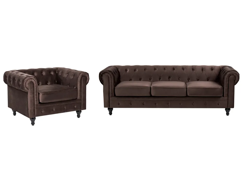 Komplet wypoczynkowy dla 4 osób CHESTERFIELD Welur Ciemnobrązowy