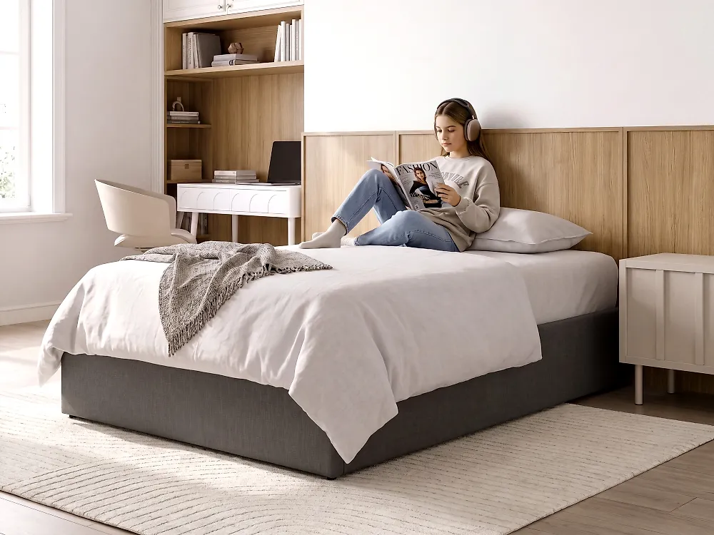 Bett mit Stauraum ohne Kopfteil DINAN Stoff Dunkelgrau 120 x 200 cm_1187442