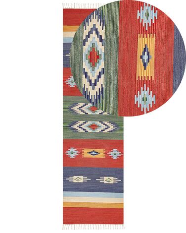 Kelim Teppich Baumwolle mehrfarbig 80 x 300 cm geometrisches Muster Kurzflor KAMARIS
