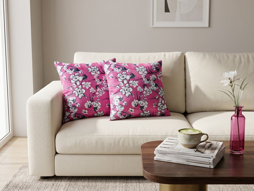 Conjunto de 2 cojines decorativos KOELERIA 45 x 45 cm Terciopelo Fucsia Patrón floral