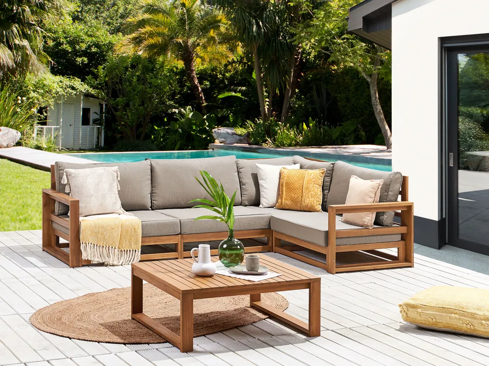 Garden Corner Sofa with Table 4 Seater TIMOR Modular Certified Acacia Wood Light Brown Left Hand_837925