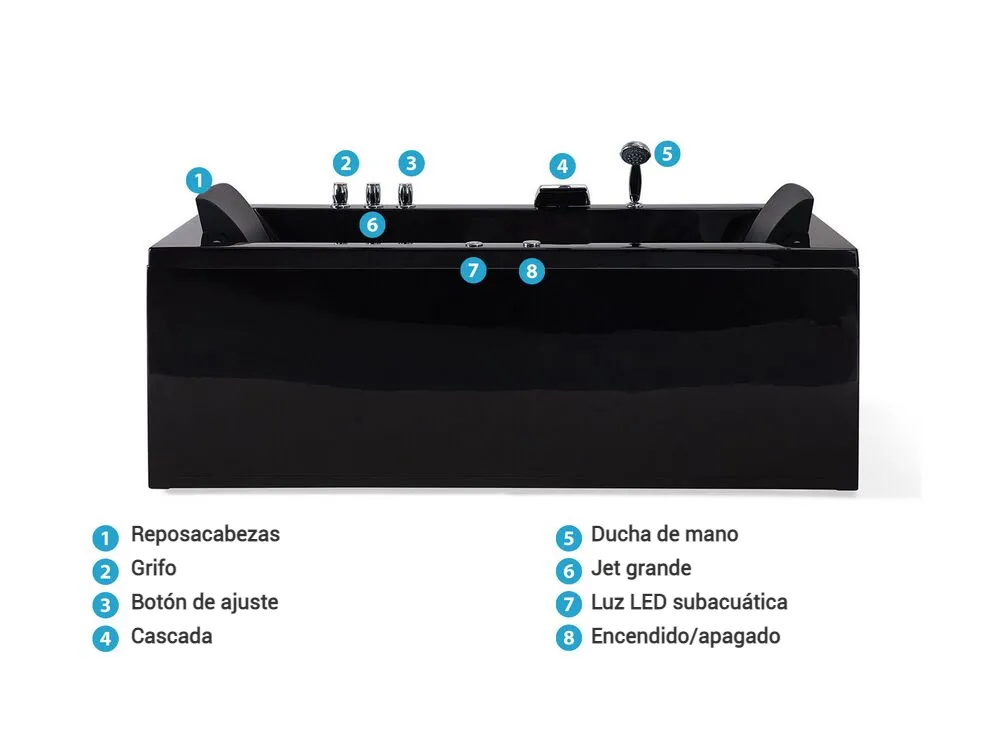 Bañera de hidromasaje LED esquinera VARADERO 183 x 90 cm Negro Derecha_787094