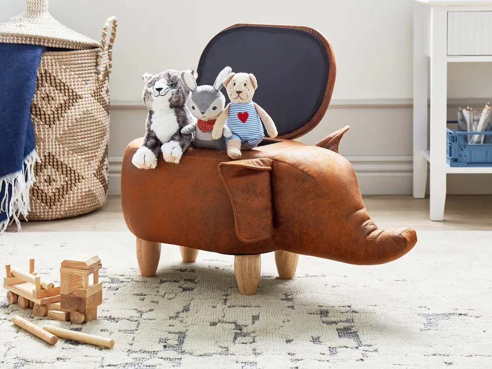 Storage Animal Stool ELEPHANT Faux Leather Dark Brown