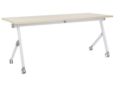Folding Office Desk with Casters 180 x 60 cm Light Wood and White BENDI