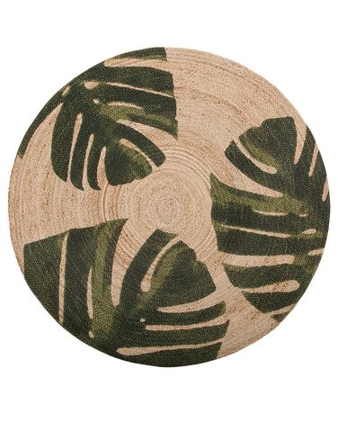 Round Area Rug Monstera Leaf Pattern ⌀ 140 cm Beige with Green INCIK