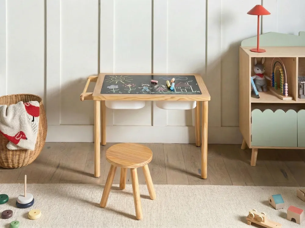 Kids Table and Chair Set KEMPSEY Montessori with Storage Light Brown_1047497