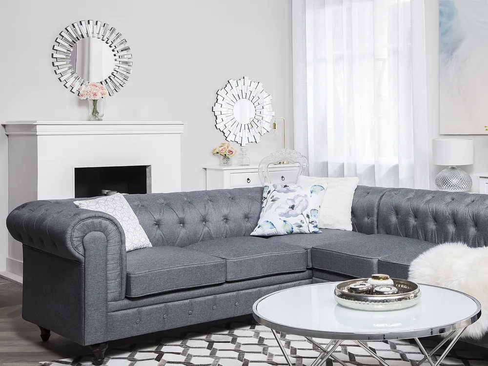 Corner Sofa 6 Seater CHESTERFIELD Fabric Grey Right Hand_706667