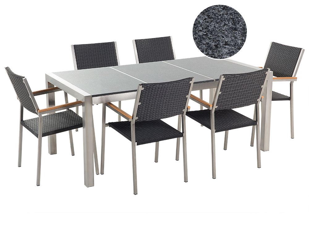 Garden Dining Set 6 Seater GROSSETO Triple Plate Granite Polished Grey/ Black