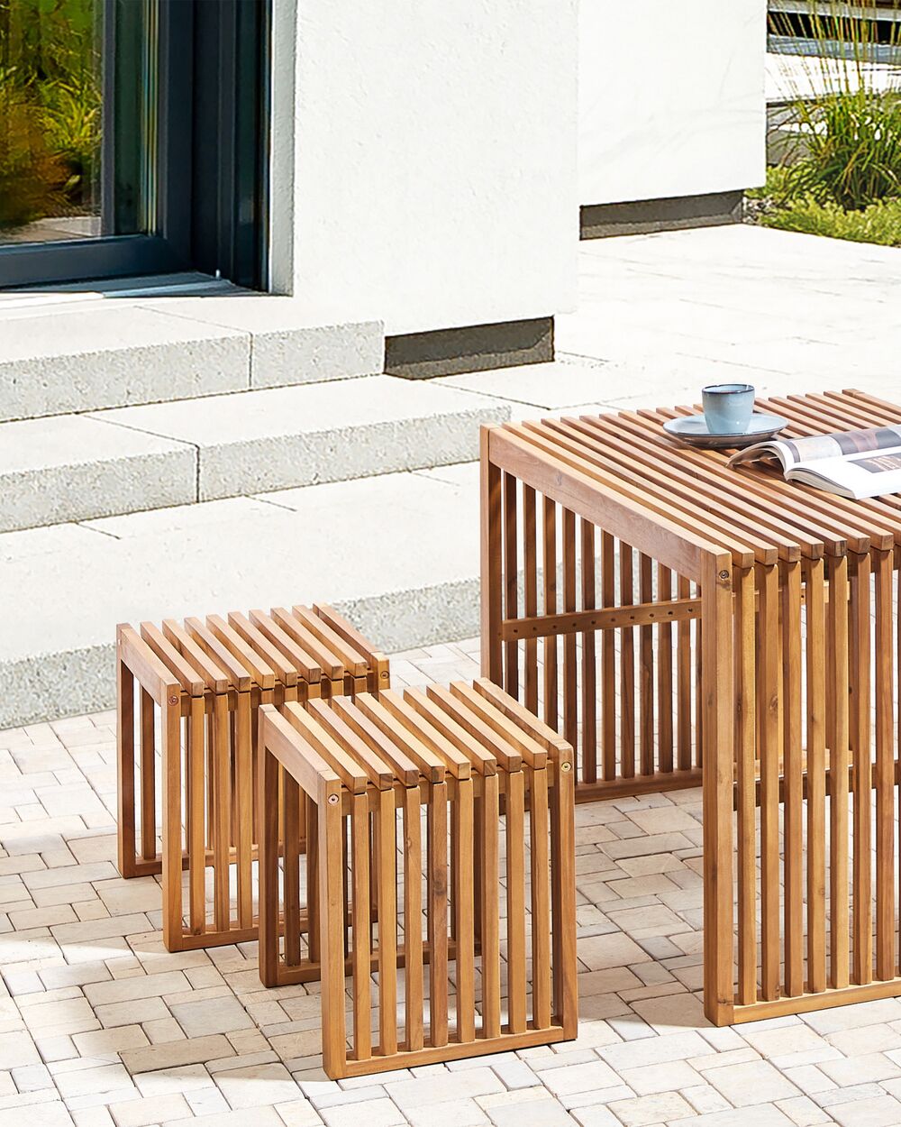 Set of 2 Acacia Wood Garden Stools Light BELLANO Beliani