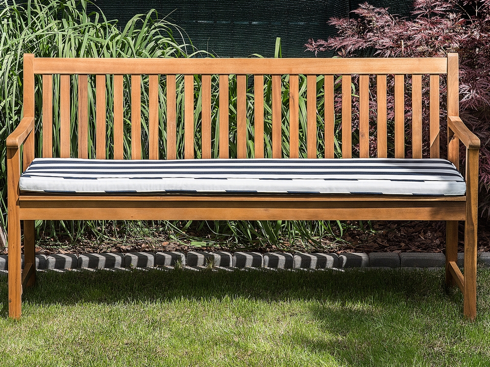 Acacia Wood Garden Bench 160 cm with Blue Stripes Cushion VIVARA Beliani.cz