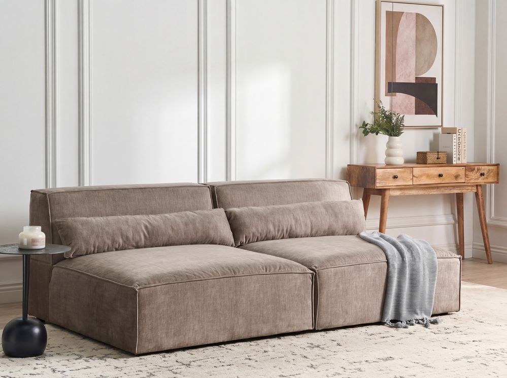 Sofá de canto modular 3 lugares HELLNAR com repousa-pés Tecido Castanho claro à esquerda
