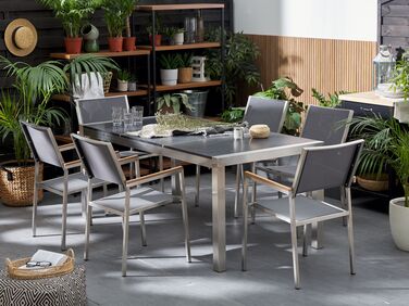 6 Seater Dining Set Black Basalt Top Grey Chairs GROSSETO