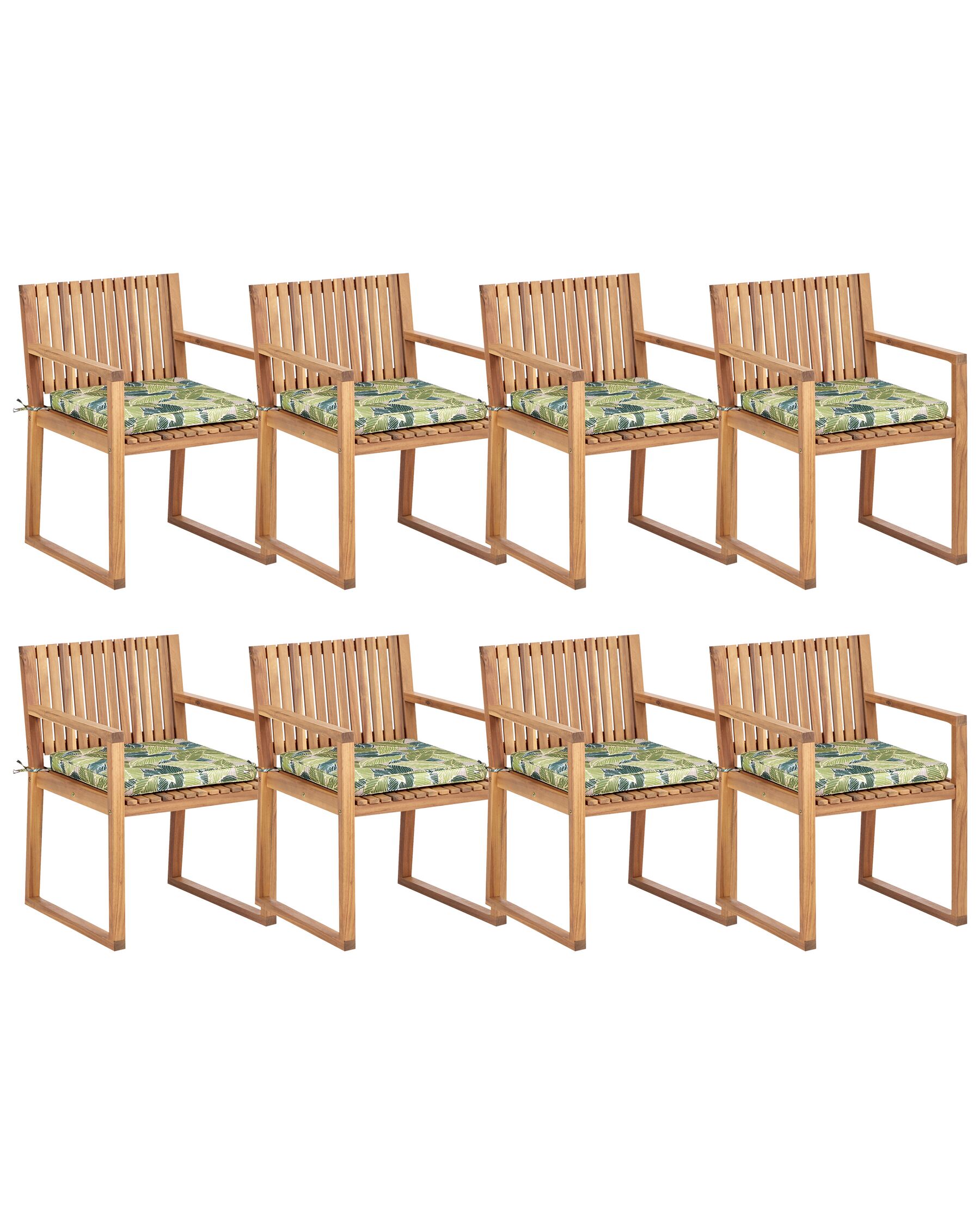 Conjunto de 8 sillas de jardín de madera de acacia certificada con cojines verdes motivo hojas SASSARI II_923944