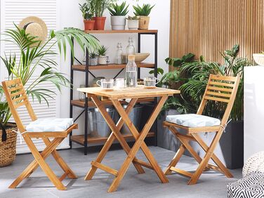 Acacia Wood Garden Bistro Set with Blue Triangles Cushions FIJI