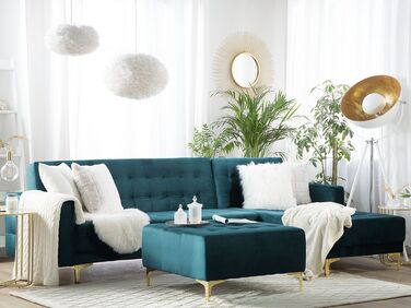 Left Hand Velvet Corner Sofa with Ottoman Teal ABERDEEN